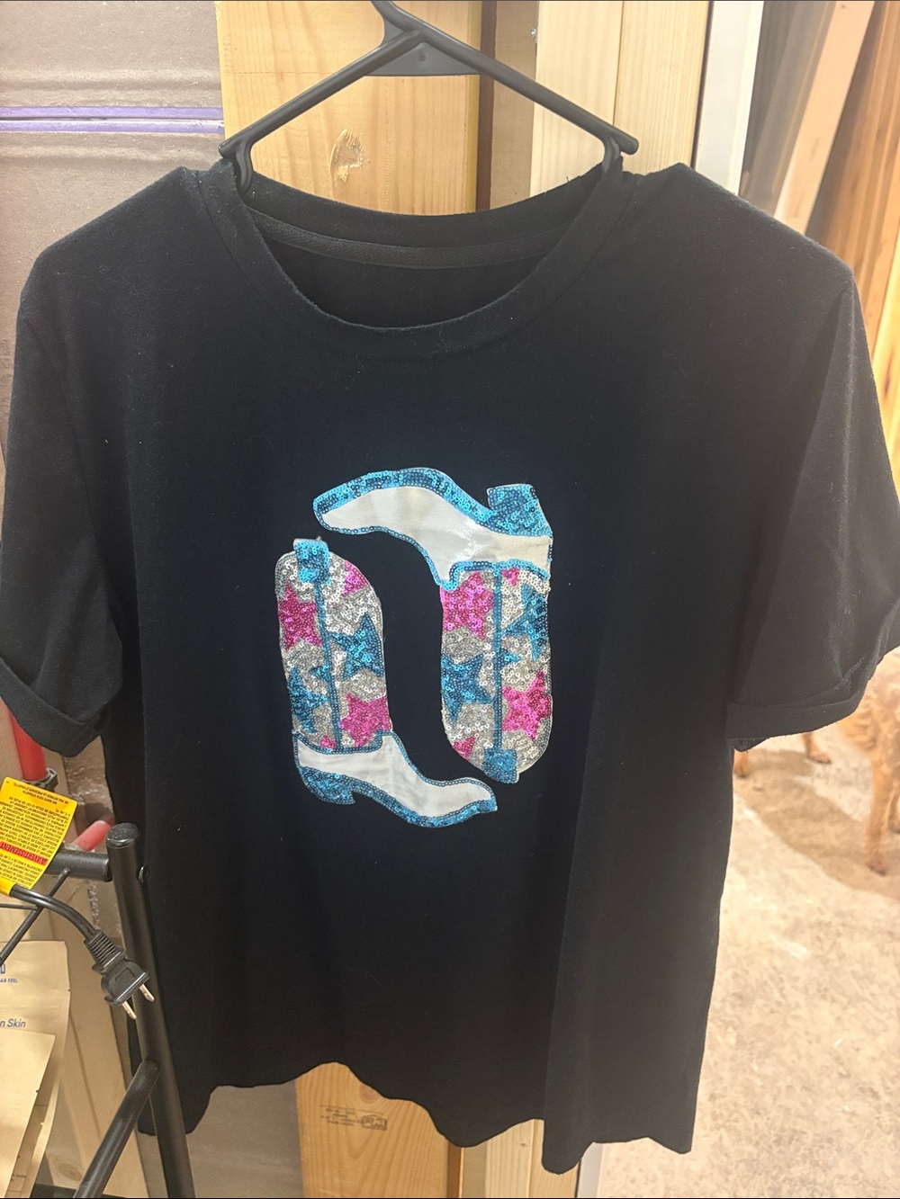 Black Short Sleeve Tee with Sequined Cowboy Boot